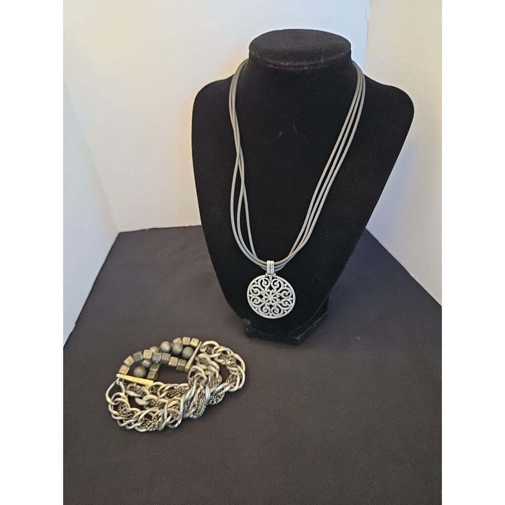 Hot Topic Heavy 3 Chain Bracelet & 16" Black & Silver Pendant Necklace Gothic